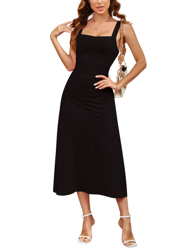 Black Sleeveless Ruched Bodycon Midi Dress