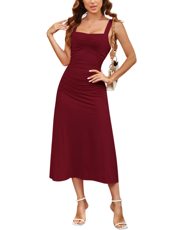 Burgundy Sleeveless Ruched Bodycon Midi Dress