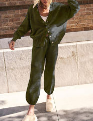 Army Green Waffle Button Cardigan and Pant Set