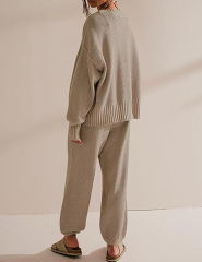 Khaki Waffle Button Cardigan and Pant Set