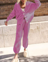 Pink Waffle Button Cardigan and Pant Set