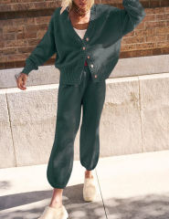 Blue-green Waffle Button Cardigan and Pant Set