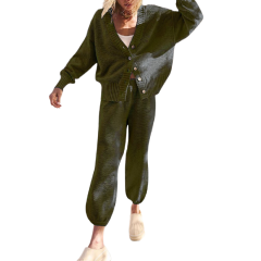 Army Green Waffle Button Cardigan and Pant Set