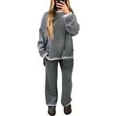 Gray Loose Fit Split Sweater and Wide Leg Pant Lounge Set