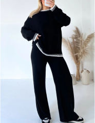 Black Loose Fit Split Sweater and Wide Leg Pant Lounge Set