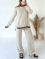 Beige Loose Fit Split Sweater and Wide Leg Pant Lounge Set