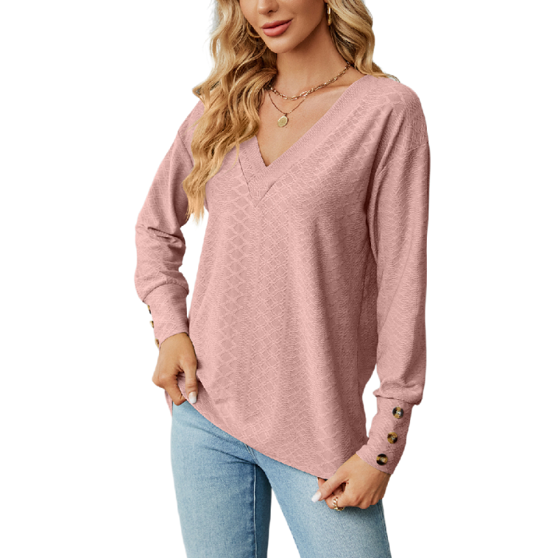 Lotus Pink V Neck Buttons Cuffs Jacquard Long Sleeve Tops