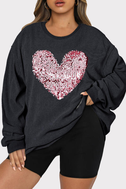 Black Sequin Heart Shaped Corded Crewneck Plus Size Sweatshirt