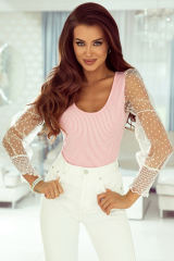 Pink Dotted Mesh Puff Sleeve Ribbed Bodysuit
