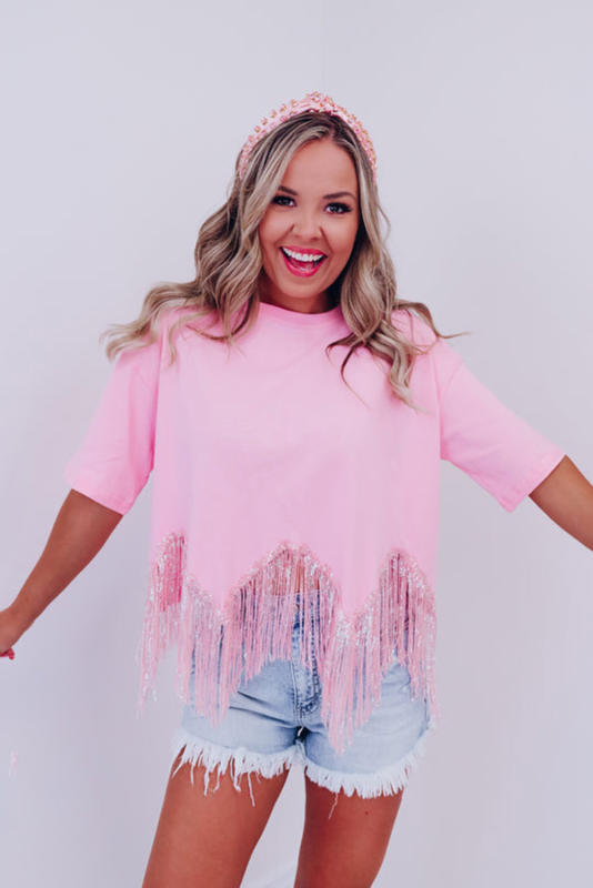 Pink Fringed Sequin Crop T-shirt