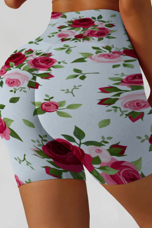 White Floral Print Seamless Tummy Control Yoga Shorts