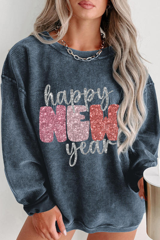 Blue Plus Size Sequin Happy New Year Graphic Corded Sweatshirt