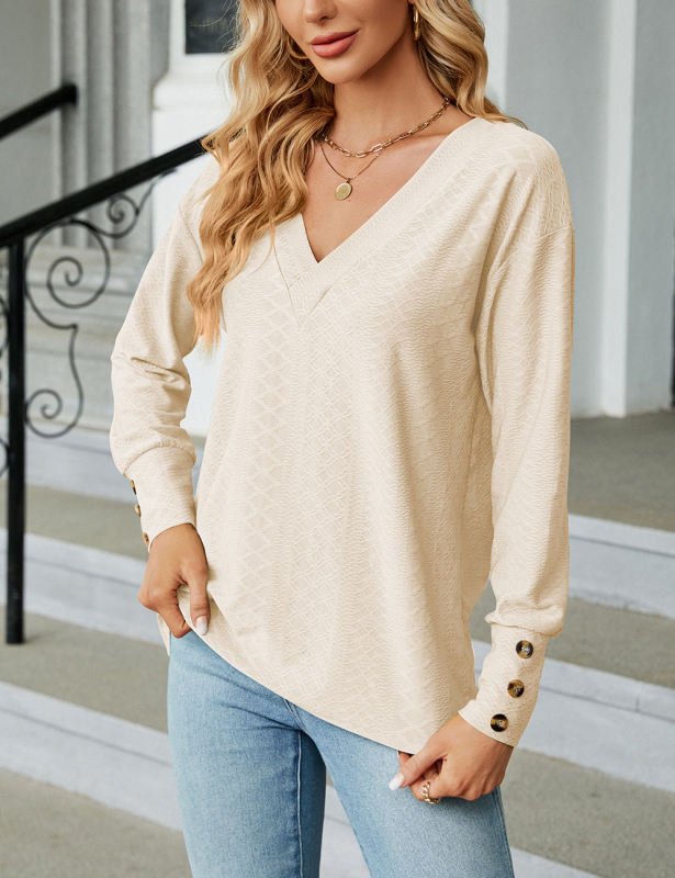 Apricot V Neck Buttons Cuffs Jacquard Long Sleeve Tops