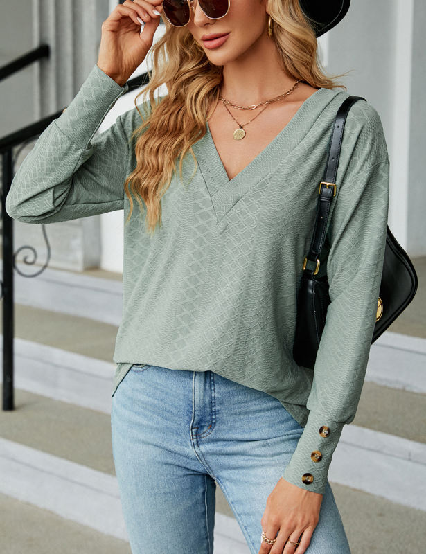 Pea Green V Neck Buttons Cuffs Jacquard Long Sleeve Tops