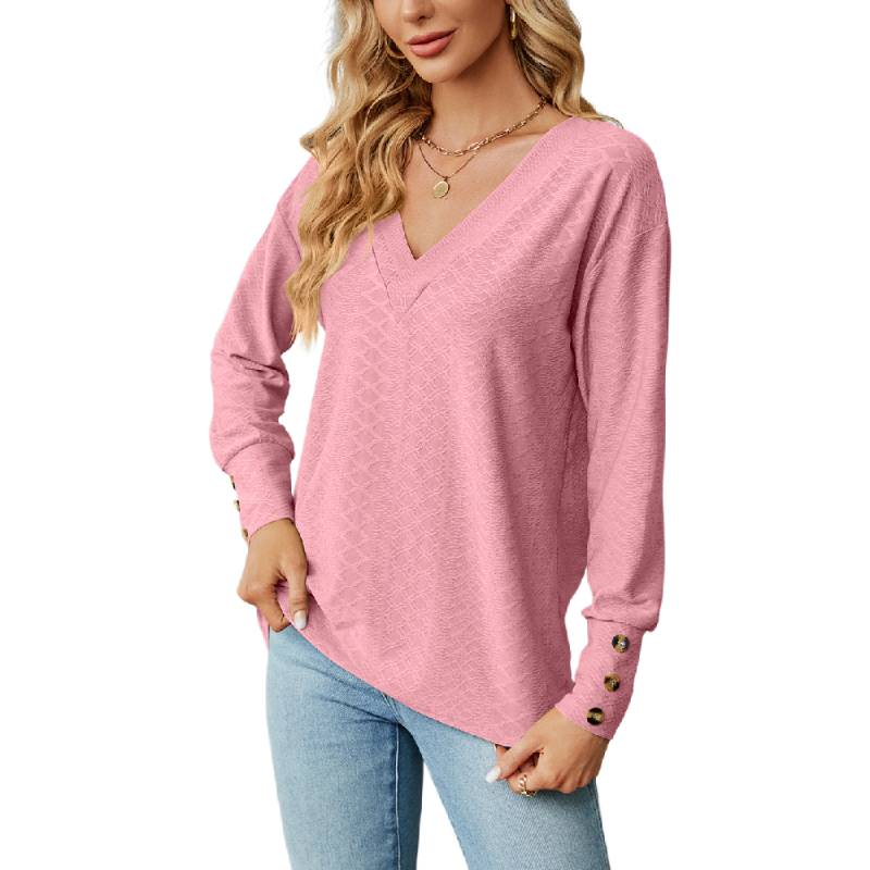 Pink V Neck Buttons Cuffs Jacquard Long Sleeve Tops