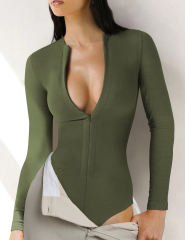 Army Green Ribbed Front Zip Long Sleeve Bodysuit
