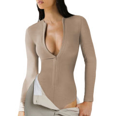 Khaki Ribbed Front Zip Long Sleeve Bodysuit