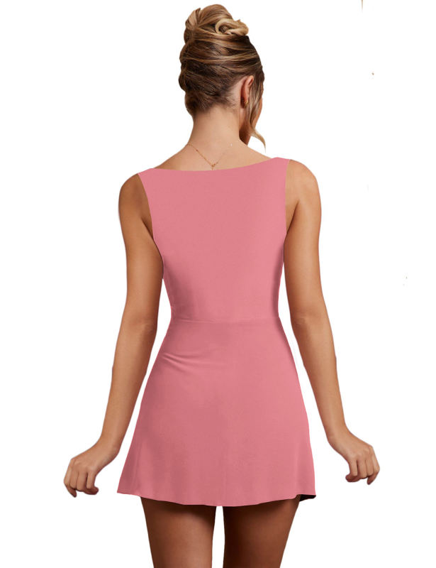 Pink Sleeveless Side Split Pleated Mini Dress