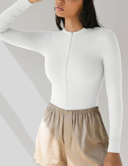 White Ribbed Front Zip Long Sleeve Bodysuit