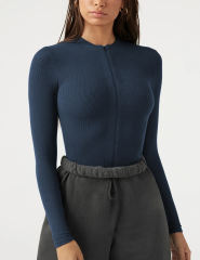 Navy Blue Ribbed Front Zip Long Sleeve Bodysuit