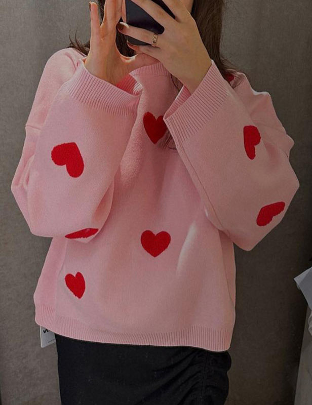 Pink Embroidery Heart Drop Shoulder Knit Sweater