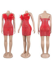 Red Feather Detail Rhinestones Mesh Bodycon Dress