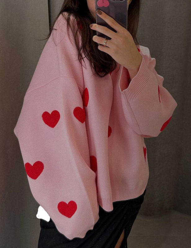 Pink Embroidery Heart Drop Shoulder Knit Sweater