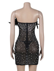 Black Feather Detail Rhinestones Mesh Bodycon Dress
