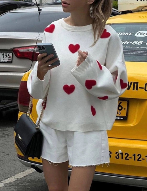 Red Embroidery Heart Drop Shoulder Knit Sweater
