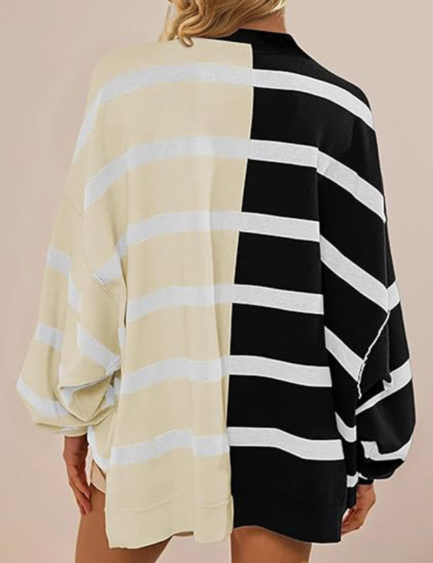 Black Apricot Striped Long Sleeve Knit Sweatshirt