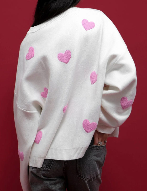 Rosy Embroidery Heart Drop Shoulder Knit Sweater