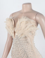 Apricot Feather Detail Rhinestones Mesh Bodycon Dress