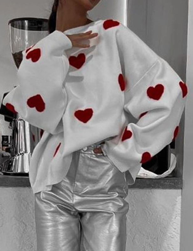 Red Embroidery Heart Drop Shoulder Knit Sweater