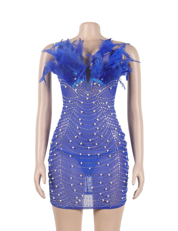 Blue Feather Detail Rhinestones Mesh Bodycon Dress