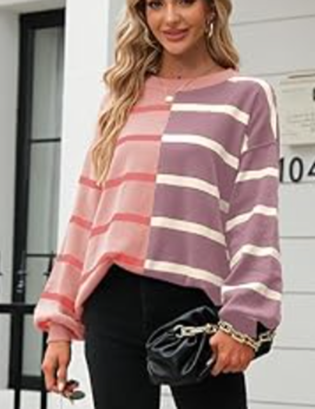Pink Purple Striped Long Sleeve Knit Sweatshirt
