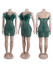 Green Feather Detail Rhinestones Mesh Bodycon Dress