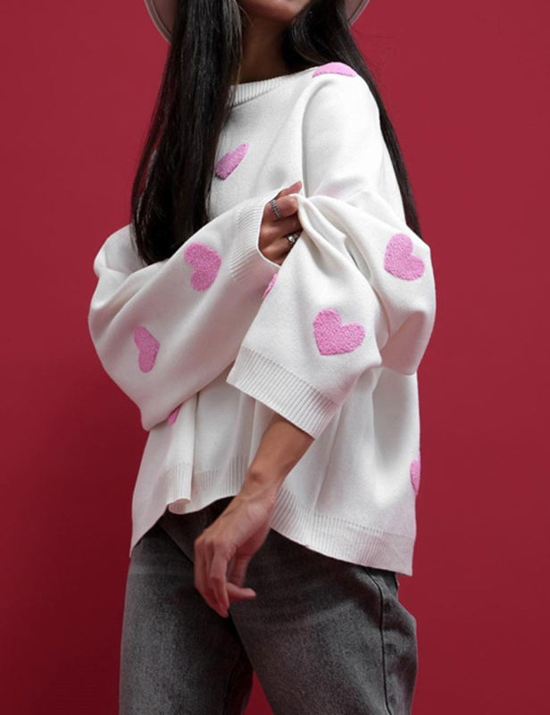 Rosy Embroidery Heart Drop Shoulder Knit Sweater