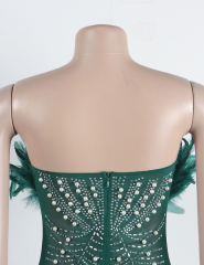 Green Feather Detail Rhinestones Mesh Bodycon Dress