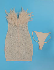 Apricot Feather Detail Rhinestones Mesh Bodycon Dress
