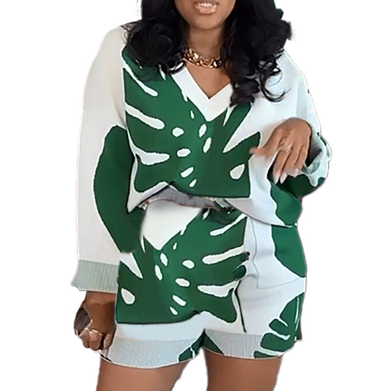 Green Leaf Print V Neck Sweater and Shorts Set