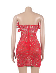 Red Feather Detail Rhinestones Mesh Bodycon Dress
