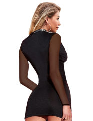 Black Rhinestone Mock Neck Mesh Long Sleeve Bodysuit