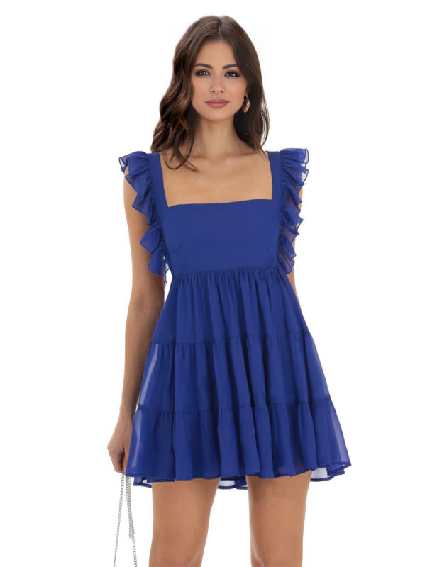 Blue Square Neck Ruffle Sleeveless Crepe Mini Dress