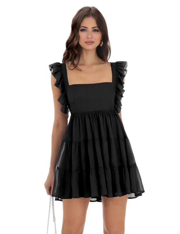 Black Square Neck Ruffle Sleeveless Crepe Mini Dress
