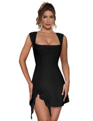 Black Ruffle Hem Side Split Square Neck Dress