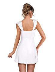 White Ruffle Hem Side Split Square Neck Dress
