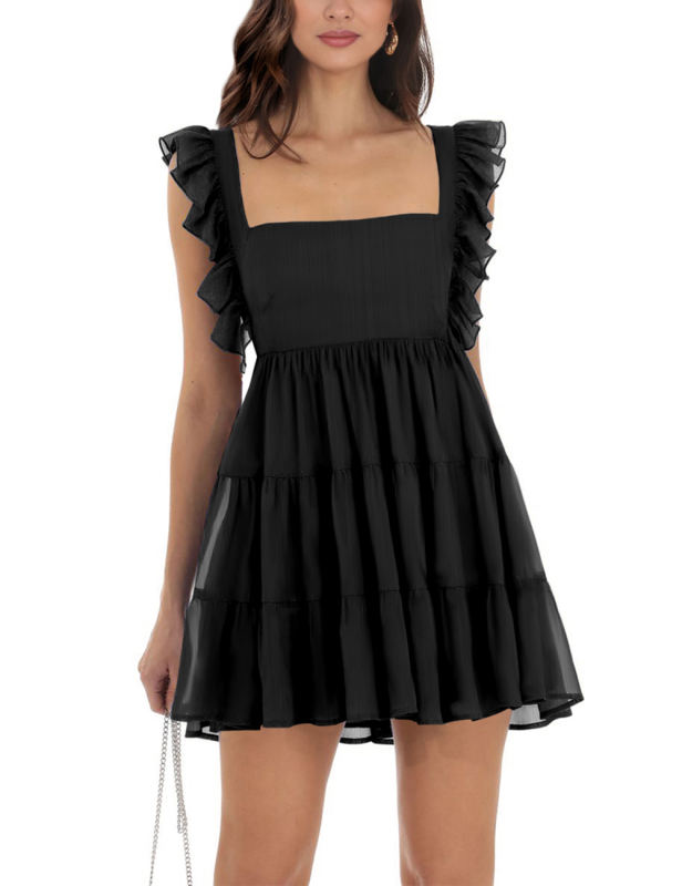 Black Square Neck Ruffle Sleeveless Crepe Mini Dress