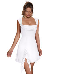 White Ruffle Hem Side Split Square Neck Dress
