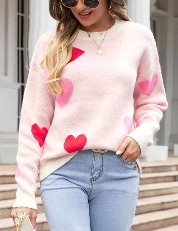 Pink Hearts Graphic Pullover Knit Sweater