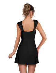 Black Ruffle Hem Side Split Square Neck Dress